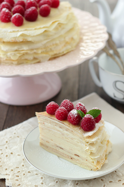 Crepe Cake With Pastry Cream and Raspberries